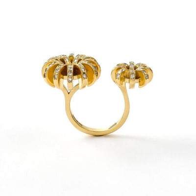 Double Flower Ring 18kt Gold & Diamonds- Unique Open Ring Design