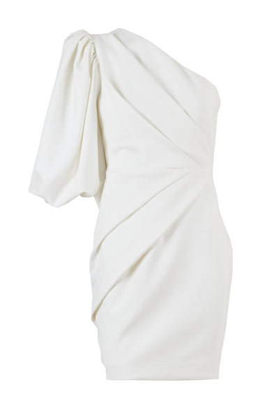 one shoulder white dress with draped bodice