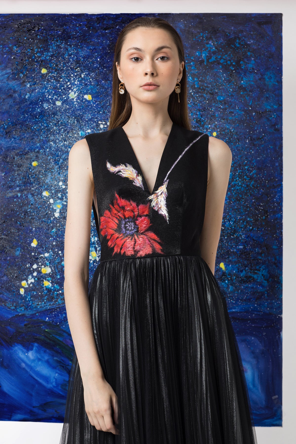 Hand Painted One Of A Kind Gown VNeck Black – FashionRooftop