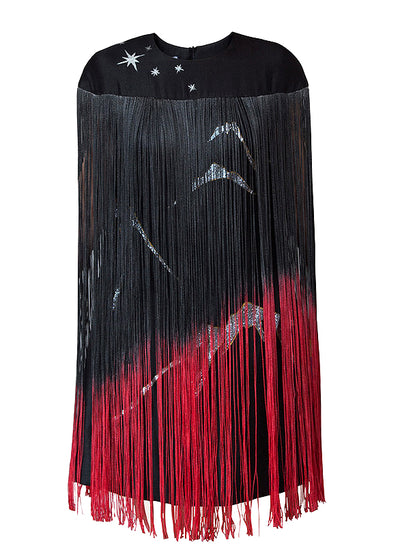 MOUNTAIN-PAINTED BLACK TASSELS DRESS