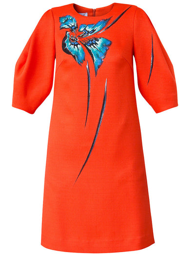 orange dress with voluminous sleeves