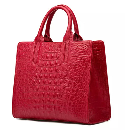 red leather tote bag